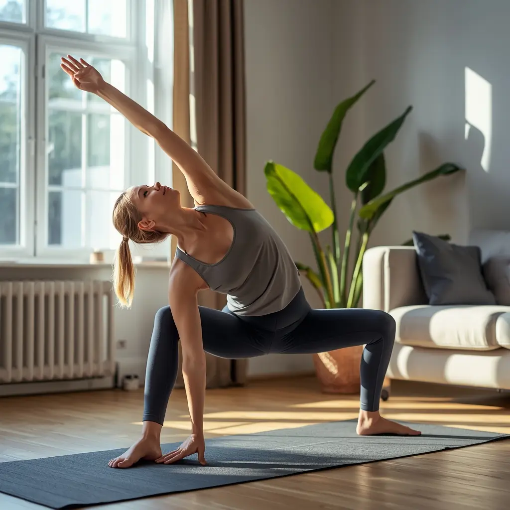 Person doing gentle stretching exercises in a bright living room