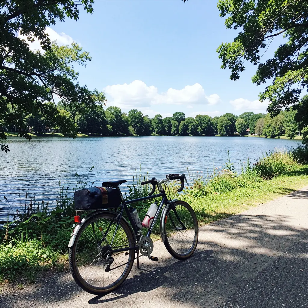 Bicycle parked near a scenic lakeside path on a sunny day